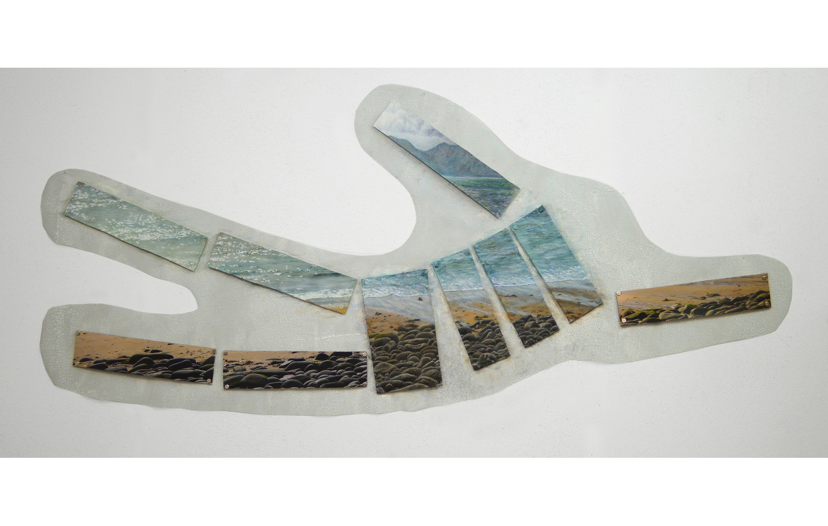 minard beach, 2020; Pastel, Oil, Gouache, Canvas, Paper, vinyl screening; inch .75d x 80w x 35h